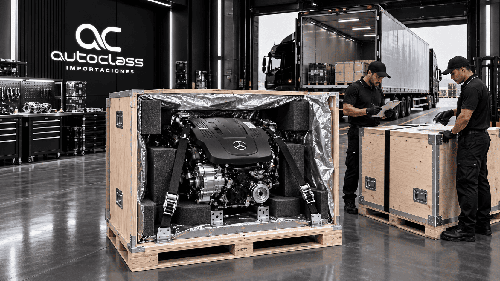 Embalaje y envío de motores Mercedes-Benz a Colombia y Latinoamérica